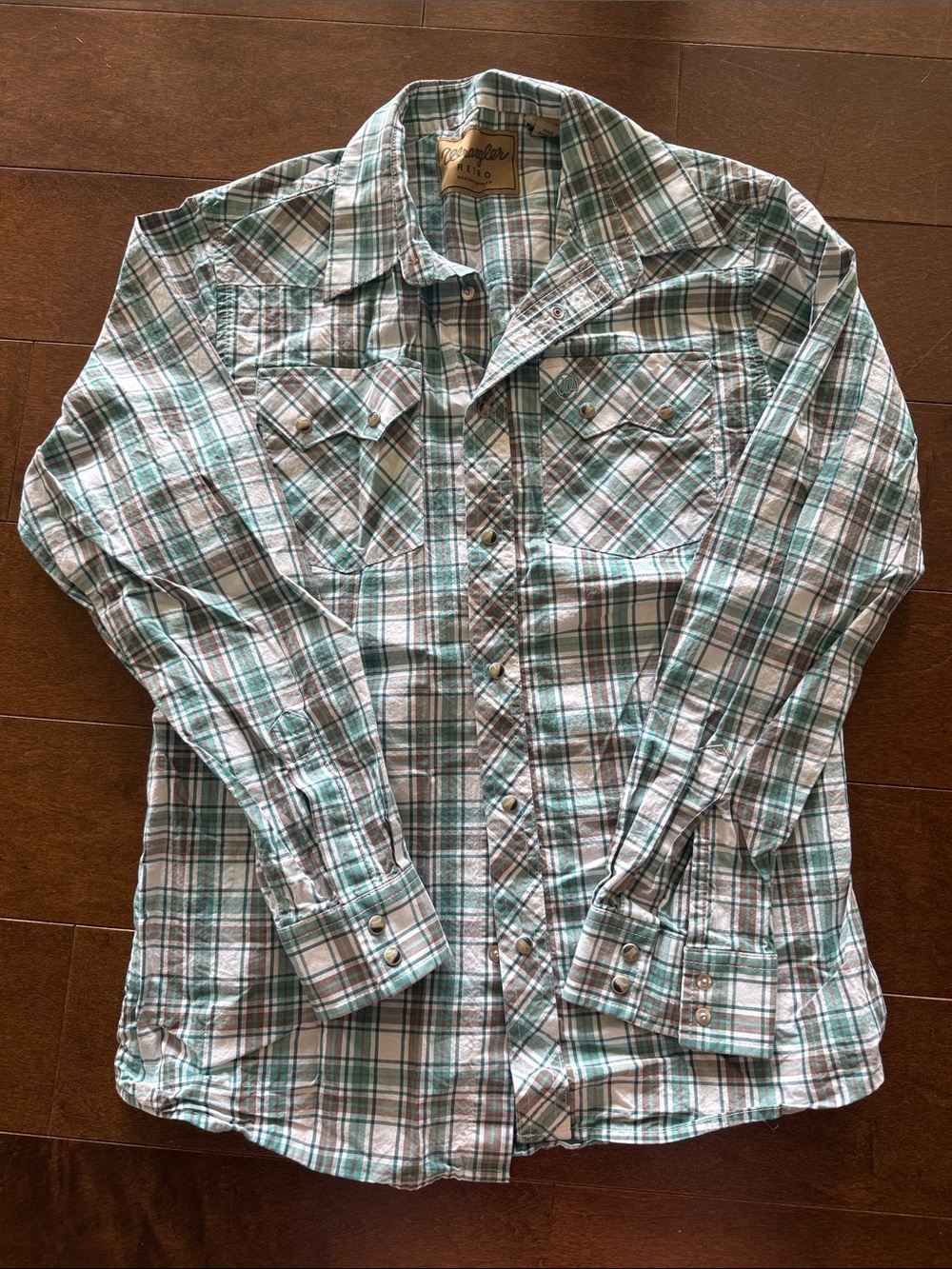 Wrangler Plaid Button-Down Snap Shirt - Teal, White & Brown